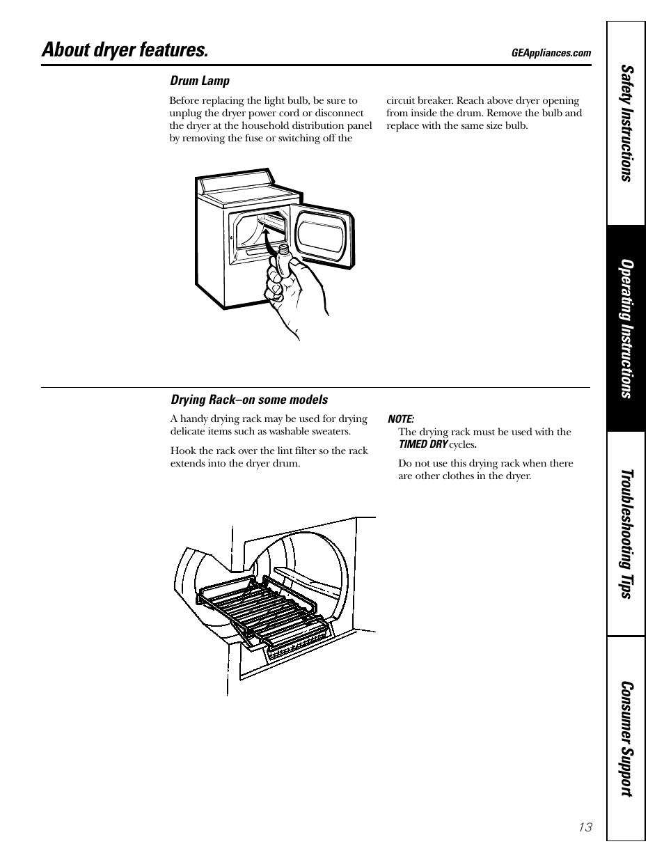 About dryer features | GE DPSB513 User Manual | Page 13 / 24