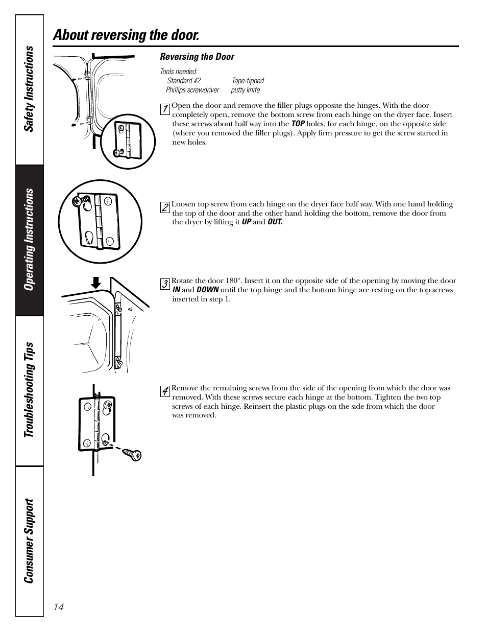Reversing the door, About reversing the door | GE DPSB513 User Manual | Page 14 / 24