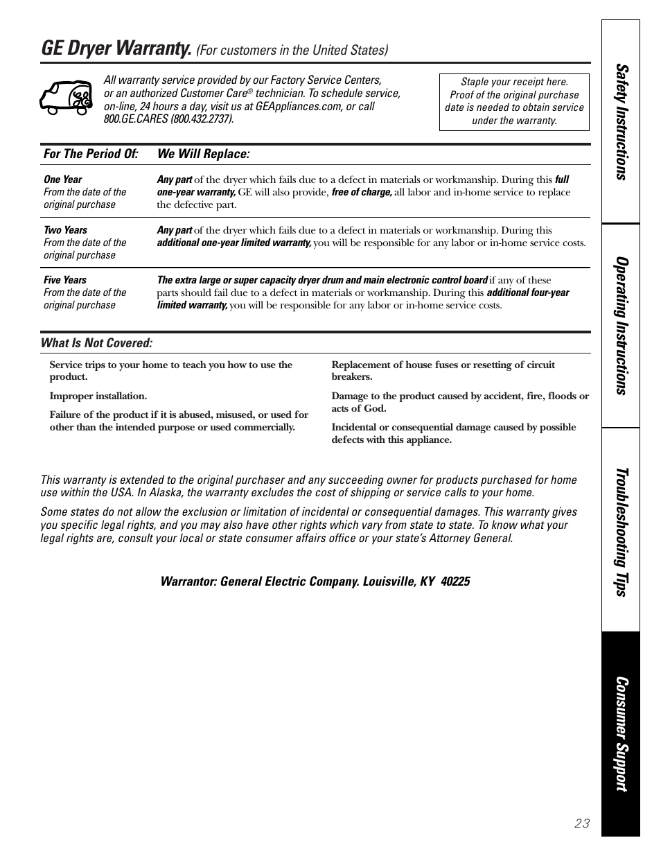 Warranty, Ge dryer warranty | GE DPSB513 User Manual | Page 23 / 24