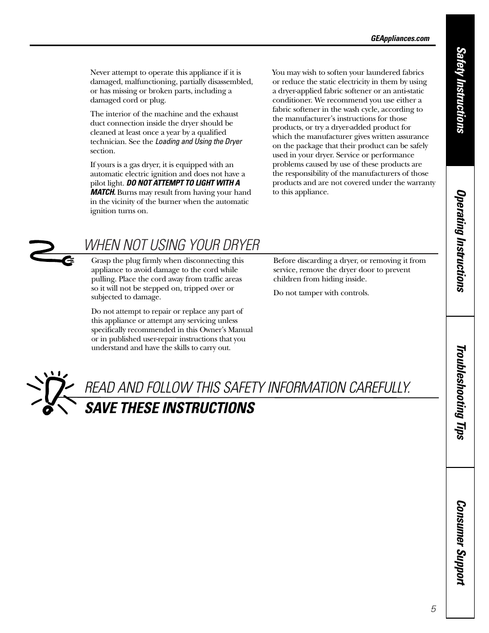 When not using your dryer | GE DPSB513 User Manual | Page 5 / 24