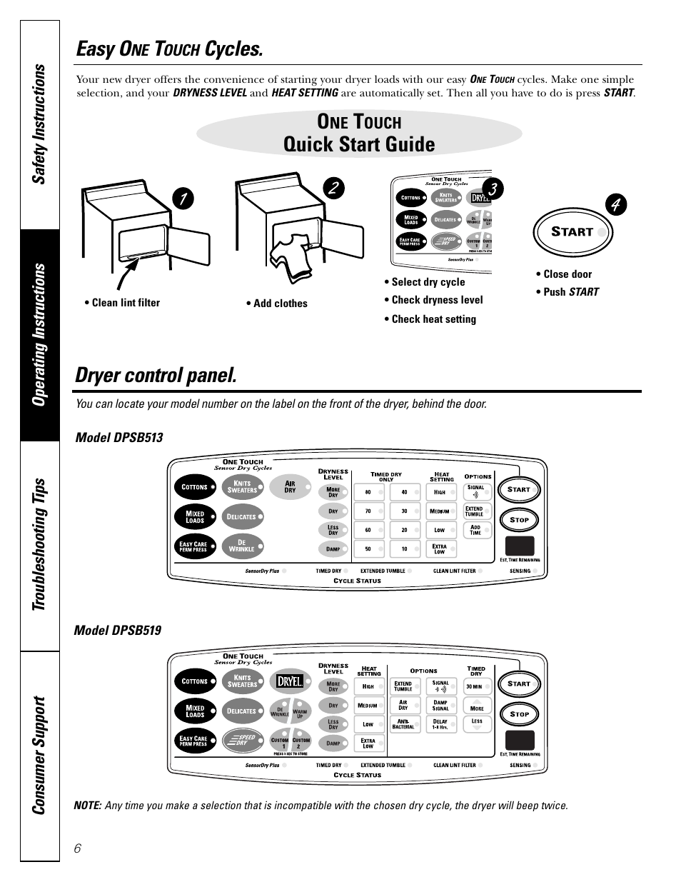 Control panel, One touch cycles, One touch cycles , 7 | Dryer control panel, Easy o, Cycles, Quick start guide | GE DPSB513 User Manual | Page 6 / 24