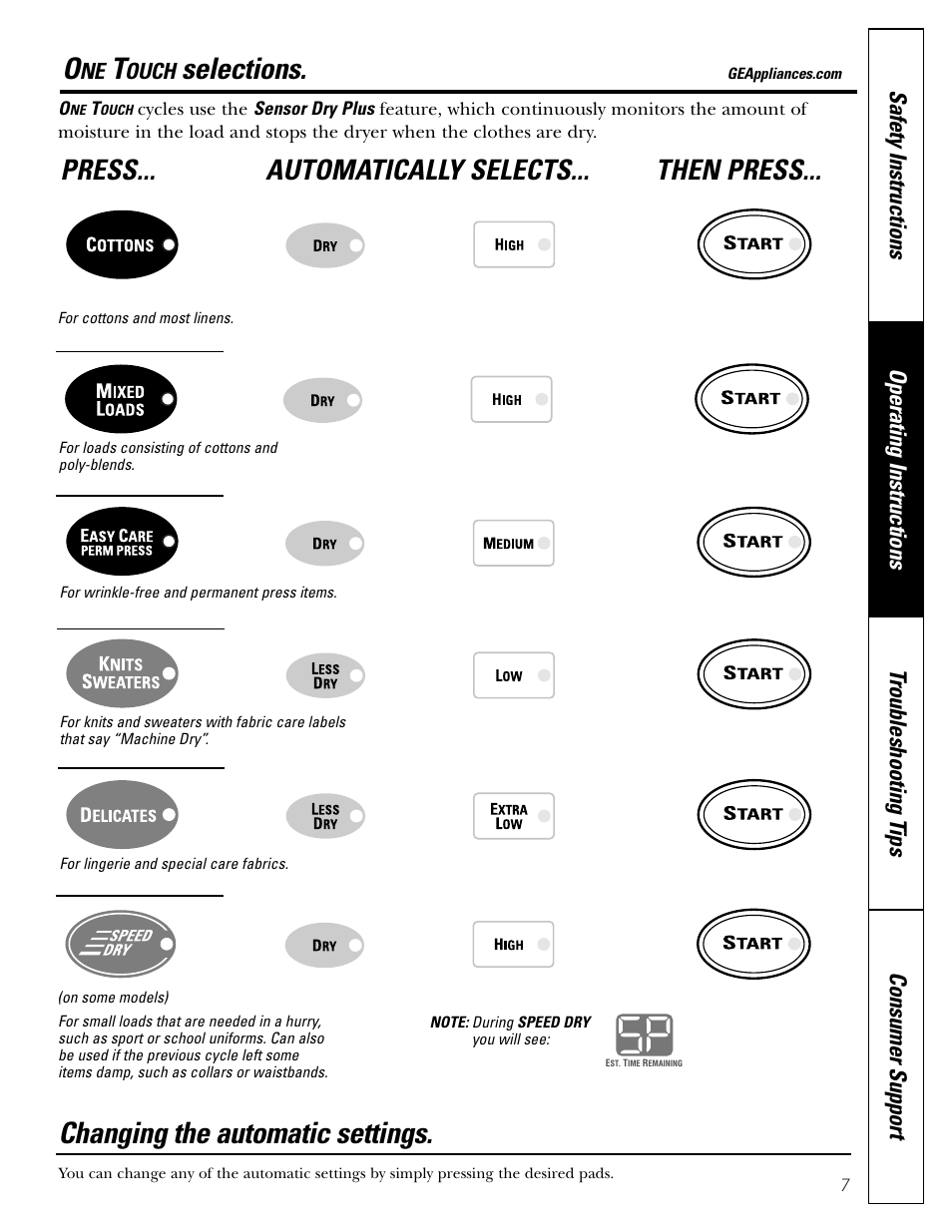 Selections, Changing the automatic settings, Press... automatically selects... then press | Ouch | GE DPSB513 User Manual | Page 7 / 24