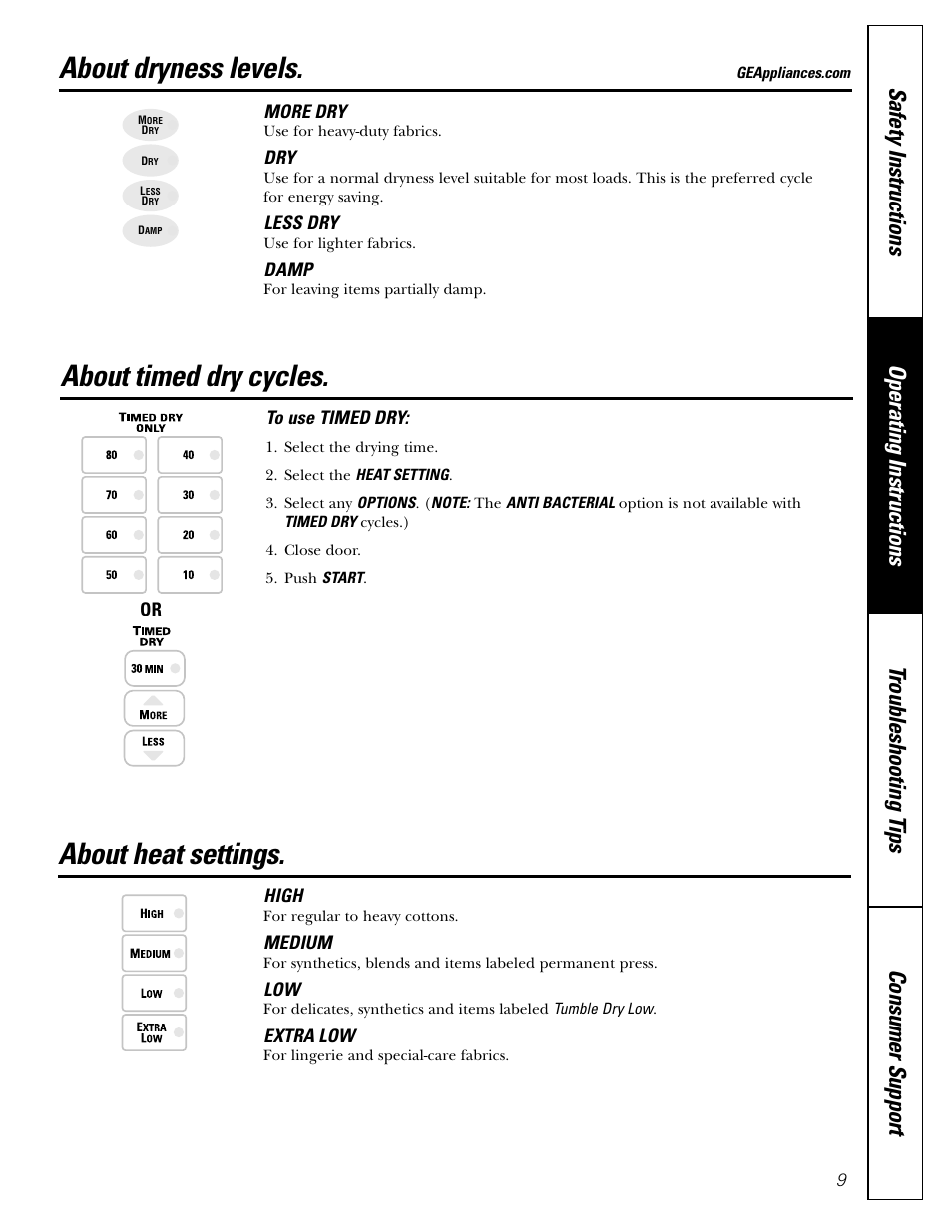 Dryness levels, Heat settings, Timed dry cycles | Dryness levels heat settings, About dryness levels, About heat settings, About timed dry cycles | GE DPSB513 User Manual | Page 9 / 24