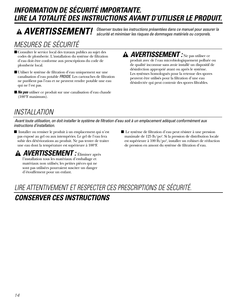 Instructions de sécurité, Avertissement, Mesures de sécurité | Installation | GE 215C1044P010-3 User Manual | Page 14 / 36