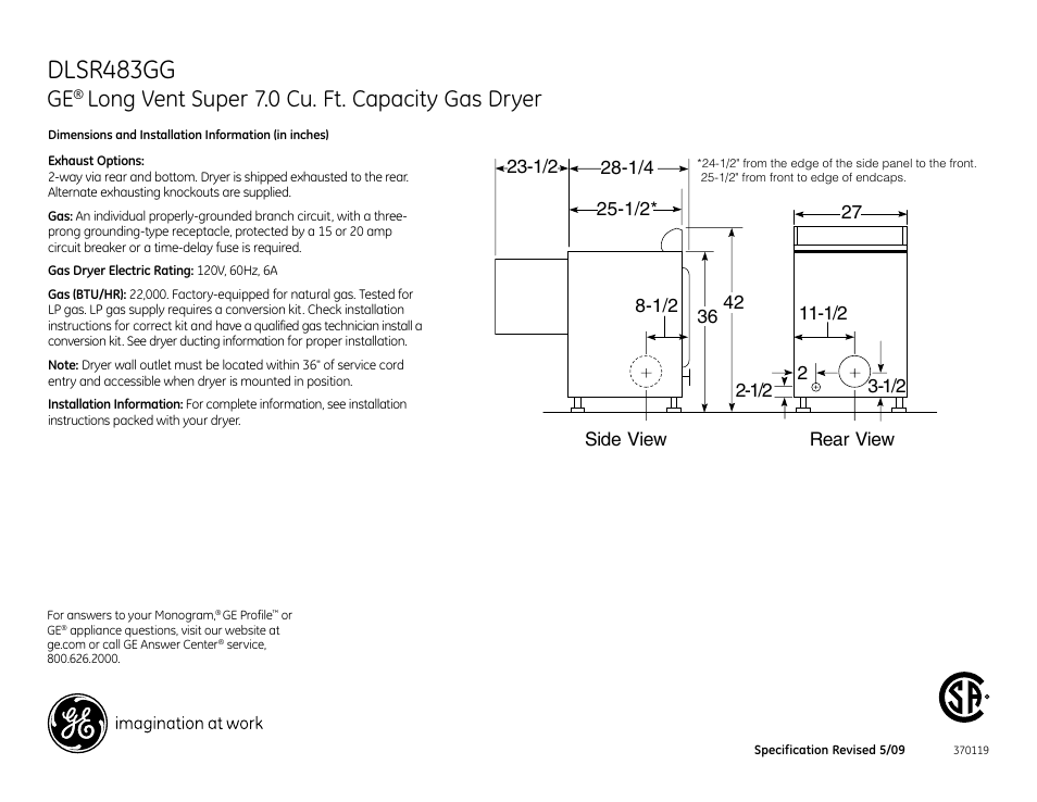 GE DLSR483GGWW User Manual | 3 pages