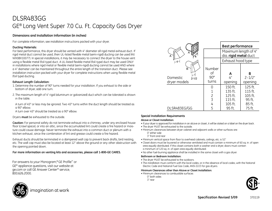 Dlsr483gg, Long vent super 7.0 cu. ft. capacity gas dryer | GE DLSR483GGWW User Manual | Page 2 / 3