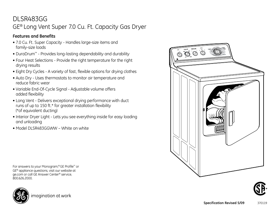 Dlsr483gg, Long vent super 7.0 cu. ft. capacity gas dryer | GE DLSR483GGWW User Manual | Page 3 / 3