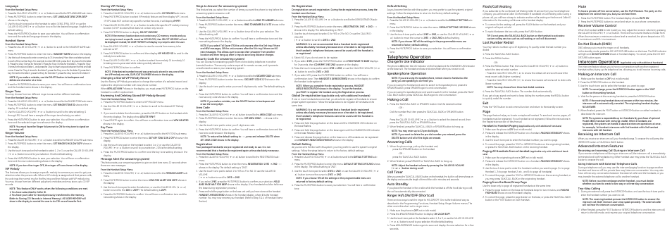 Telephone operation, Intercom operation, Flash/call waiting | Last number redial, Exit, Page, Charge/in use indicator, Speakerphone operation, Making a call, Answering calls | GE 00007707 User Manual | Page 2 / 4