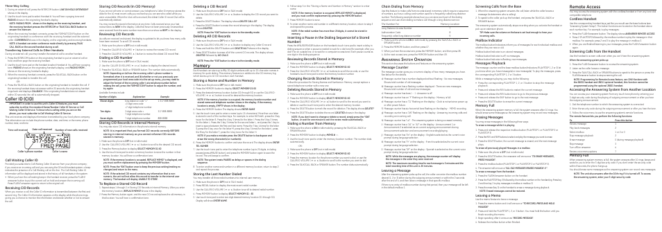 Caller id (cid), Remote access, Reviewing cid records | Dialing a cid number, Deleting a cid record, Deleting all cid records, Storing the last number dialed, Message counter, Leaving a message, Screening calls from the base | GE 00007707 User Manual | Page 3 / 4