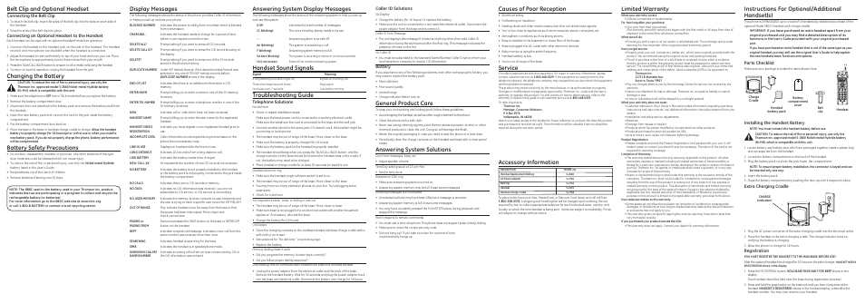 Accessory information, Belt clip and optional headset, Changing the battery | Battery safety precautions, Display messages, Answering system display messages, Handset sound signals, Troubleshooting guide, Instructions for optional/additional handset(s), General product care | GE 00007707 User Manual | Page 4 / 4