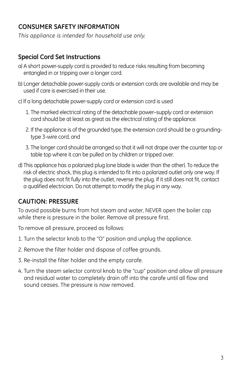 Consumer safety information, Special cord set instructions, Caution: pressure | GE 169067 User Manual | Page 3 / 13