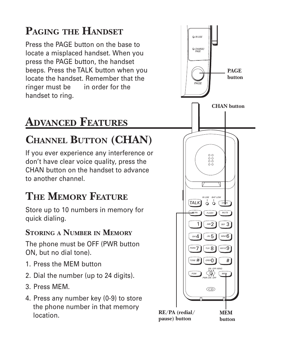 Paging the handset, Advanced features, Channel button (chan) | The memory feature, Storing a number in memory, Chan), Dvanced, Eatures, Aging, Andset | GE 2-9920/21 User Manual | Page 10 / 22