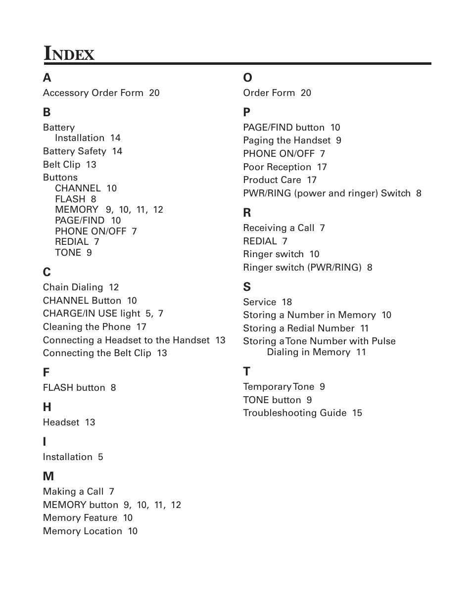 Index 19, Ndex | GE 2-9920/21 User Manual | Page 19 / 22