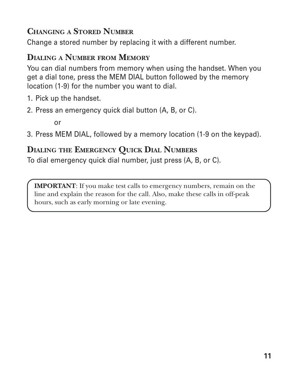 Changing a stored number, Dialing a number from memory, Dialing the emergency quick dial numbers | GE Feb-96 User Manual | Page 11 / 22