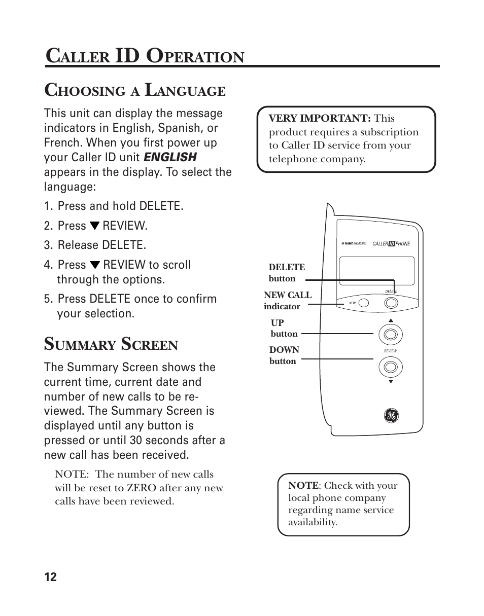 Choosing a language, Summary screen, Id o | Aller, Peration | GE Feb-96 User Manual | Page 12 / 22