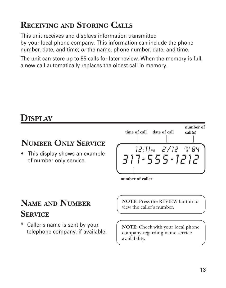 Number only service, Name and number service, Special caller id messages | GE Feb-96 User Manual | Page 13 / 22