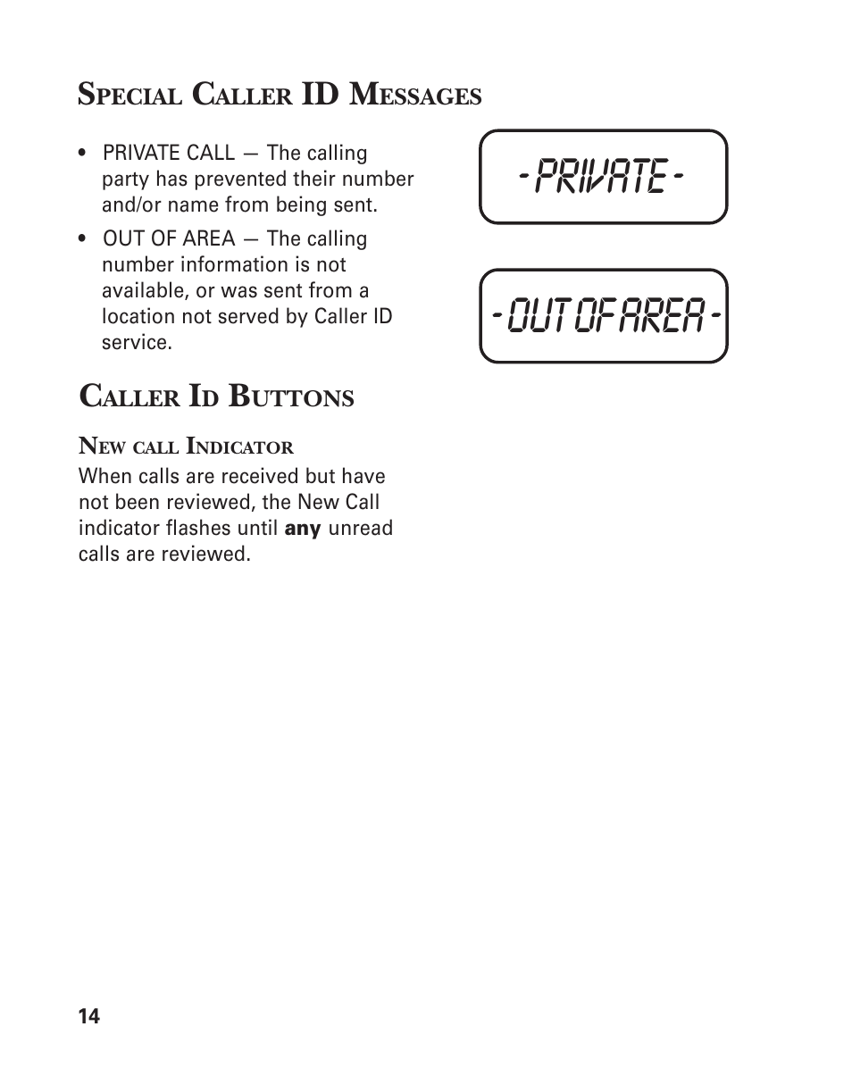 Special caller id messages, Caller id buttons, New call indicator | Private - - out of area, Id m | GE Feb-96 User Manual | Page 14 / 22