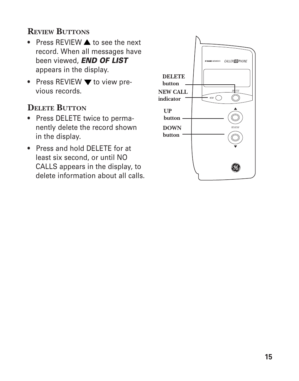 Review buttons, Delete button | GE Feb-96 User Manual | Page 15 / 22