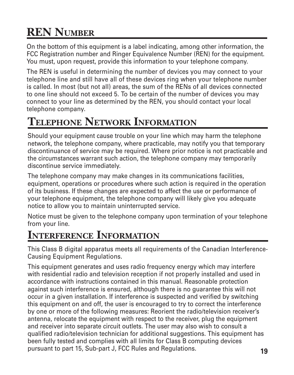 General product care 18, Telephone network information, Ren n | GE Feb-96 User Manual | Page 19 / 22