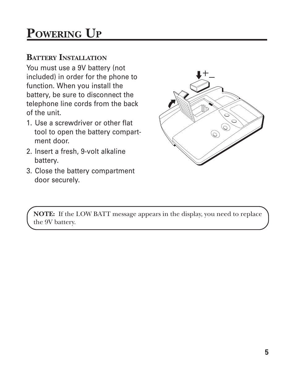 Powering up, Battery installation, Owering | GE Feb-96 User Manual | Page 5 / 22