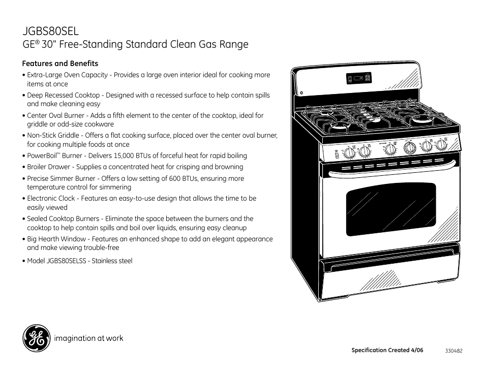 Jgbs80sel, 30" free-standing standard clean gas range | GE JGBS80SEL User Manual | Page 2 / 2