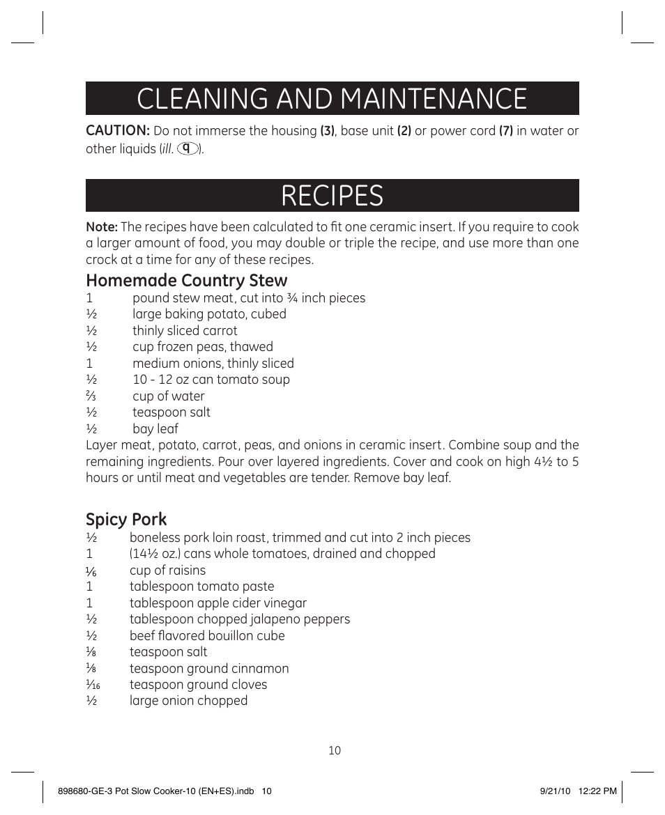 Cleaning and maintenance, Recipes, Homemade country stew | Spicy pork | GE 898680 User Manual | Page 10 / 13