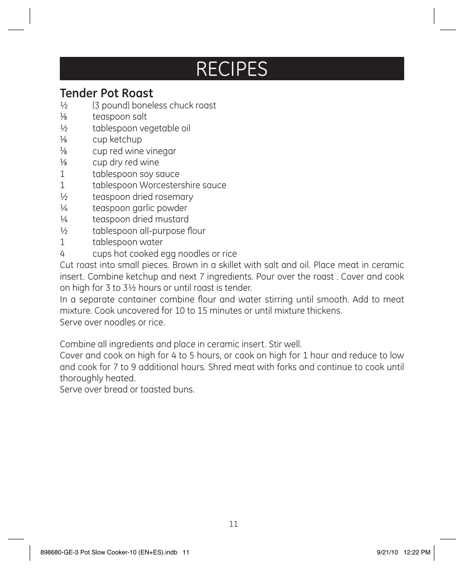 Recipes, Tender pot roast | GE 898680 User Manual | Page 11 / 13