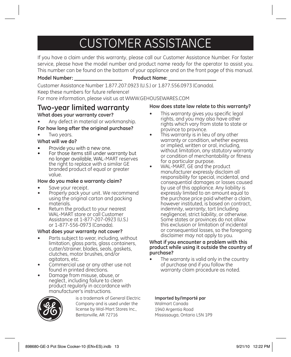Customer assistance, Two-year limited warranty | GE 898680 User Manual | Page 13 / 13