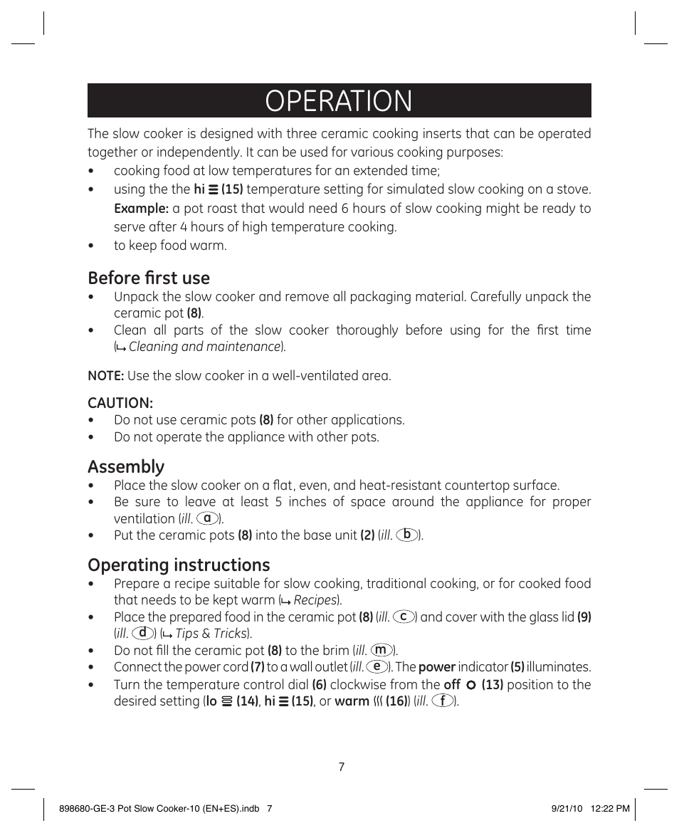 Operation, Before first use, Assembly | Operating instructions | GE 898680 User Manual | Page 7 / 13