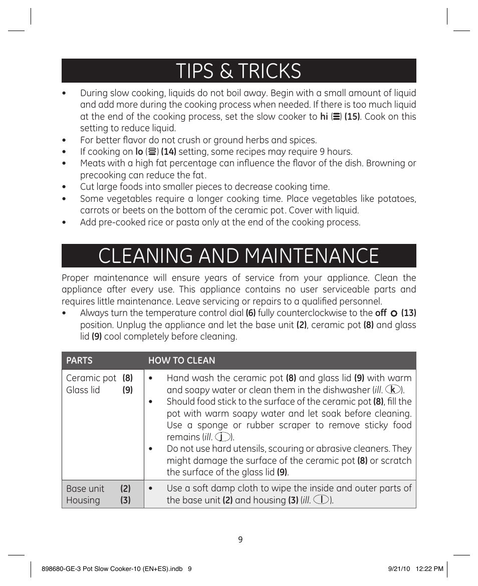 Tips & tricks, Cleaning and maintenance | GE 898680 User Manual | Page 9 / 13