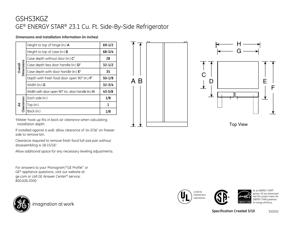 GE ENERGY STAR GSHS3KGZSS User Manual | 2 pages