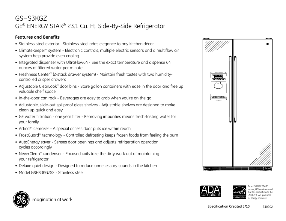 Gshs3kgz, Energy star, 1 cu. ft. side-by-side refrigerator | GE ENERGY STAR GSHS3KGZSS User Manual | Page 2 / 2