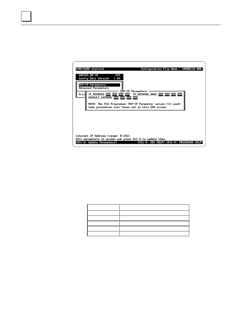 Tcp/ip parameters screen | GE GEFanuc Automation Programmable Control Products TCP/IP Ethernet Communications for the Series 90t-70 PLC GFK-1004B User Manual | Page 74 / 268