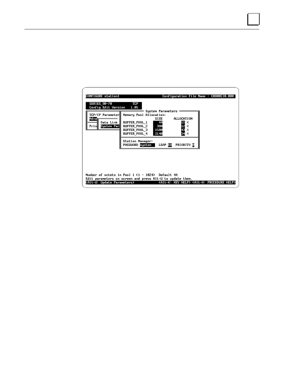 System parameters screen | GE GEFanuc Automation Programmable Control Products TCP/IP Ethernet Communications for the Series 90t-70 PLC GFK-1004B User Manual | Page 79 / 268