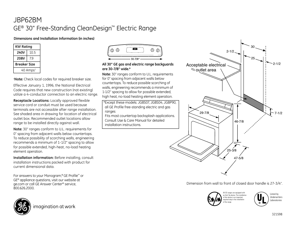 GE CleanDesign JBP62BMWH User Manual | 2 pages