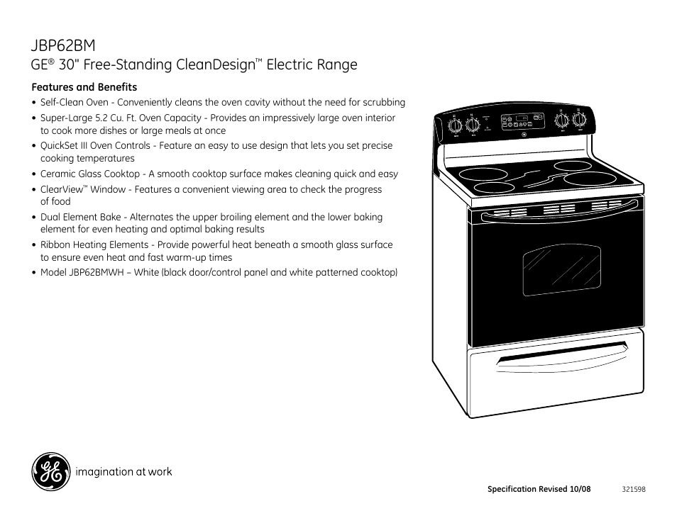 Jbp62bm, 30" free-standing cleandesign, Electric range | GE CleanDesign JBP62BMWH User Manual | Page 2 / 2