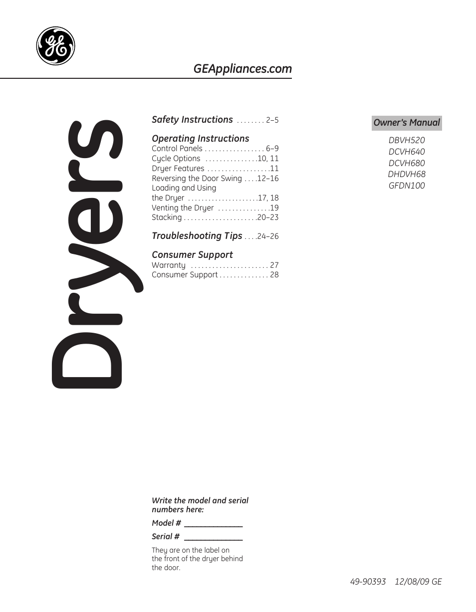 GE DBVH520 User Manual | 56 pages