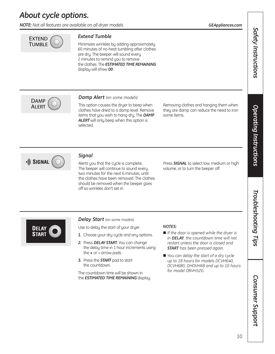 Cycle options, About cycle options | GE DBVH520 User Manual | Page 10 / 56