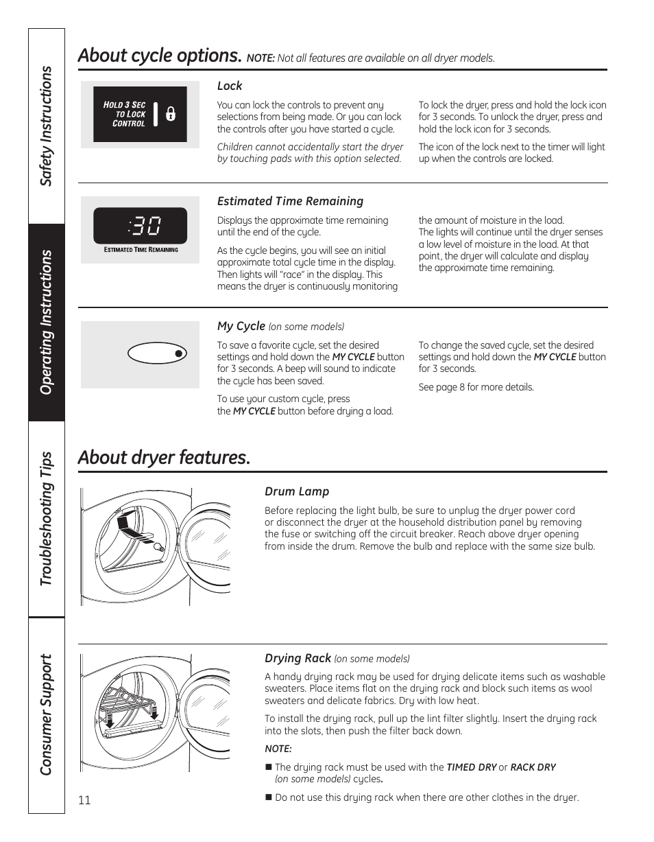 Dryer features, About cycle options, About dryer features | GE DBVH520 User Manual | Page 11 / 56