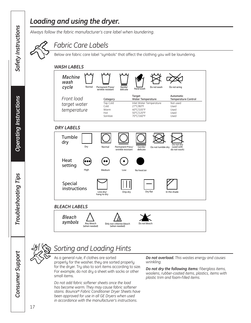 Loading and using the dryer, Fabric care labels | GE DBVH520 User Manual | Page 17 / 56