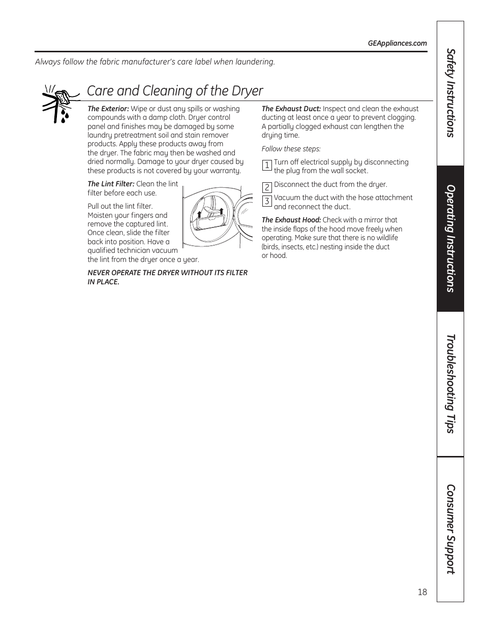 Care and cleaning of the dryer | GE DBVH520 User Manual | Page 18 / 56