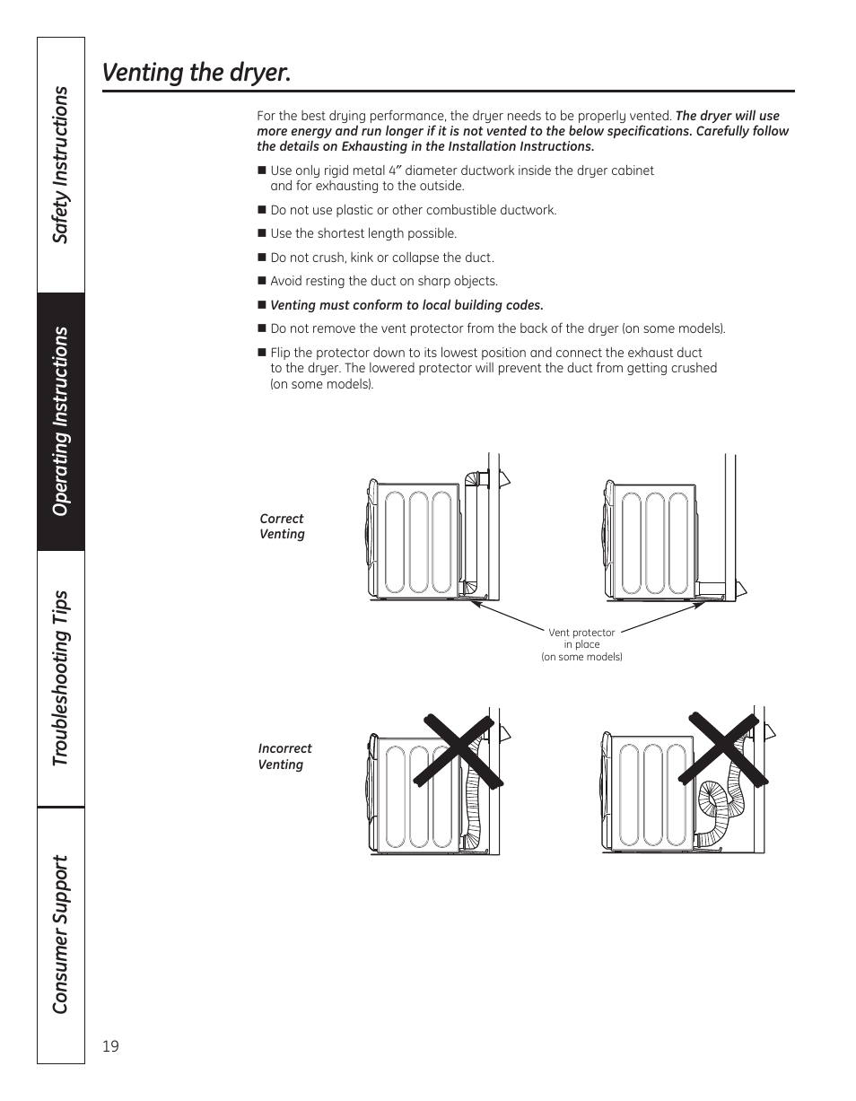 Venting the dryer | GE DBVH520 User Manual | Page 19 / 56