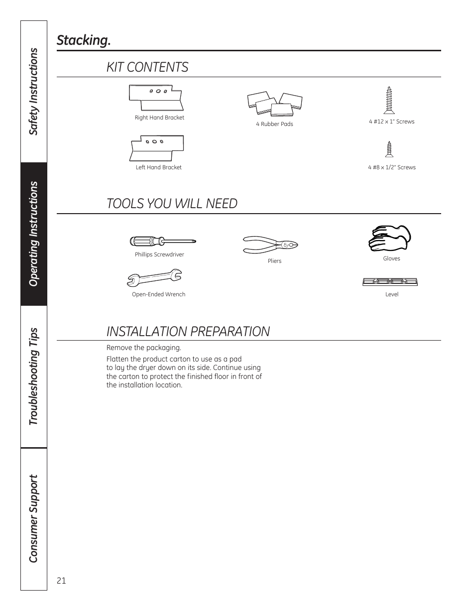 Stacking. kit contents, Tools you will need, Installation preparation | GE DBVH520 User Manual | Page 21 / 56