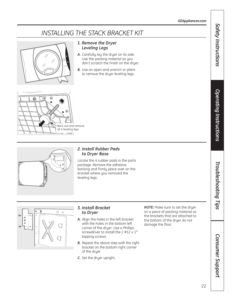 Installing the stack bracket kit | GE DBVH520 User Manual | Page 22 / 56