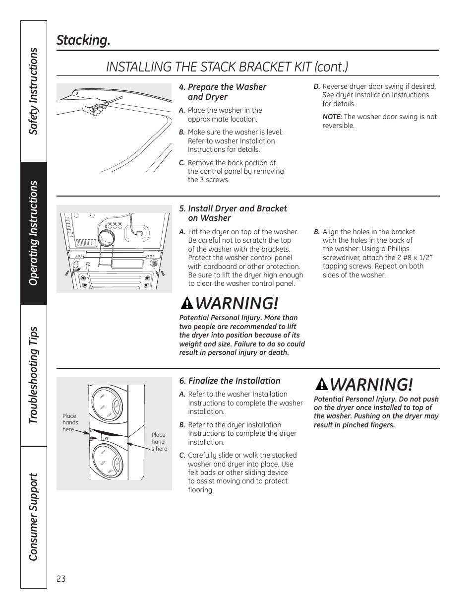 Warning, Stacking, Installing the stack bracket kit (cont.) | GE DBVH520 User Manual | Page 23 / 56