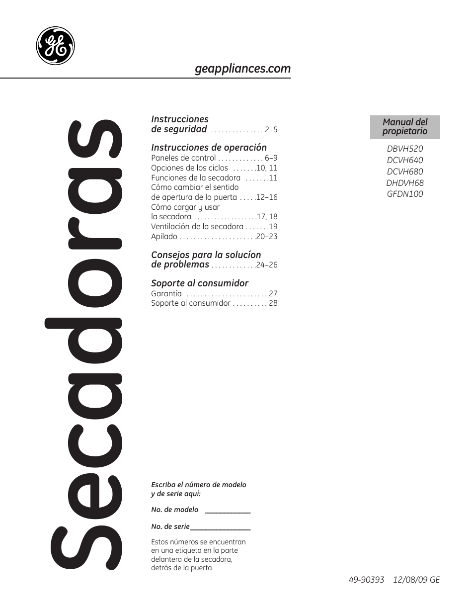 90393 sp_hires, Se ca do ra s | GE DBVH520 User Manual | Page 29 / 56