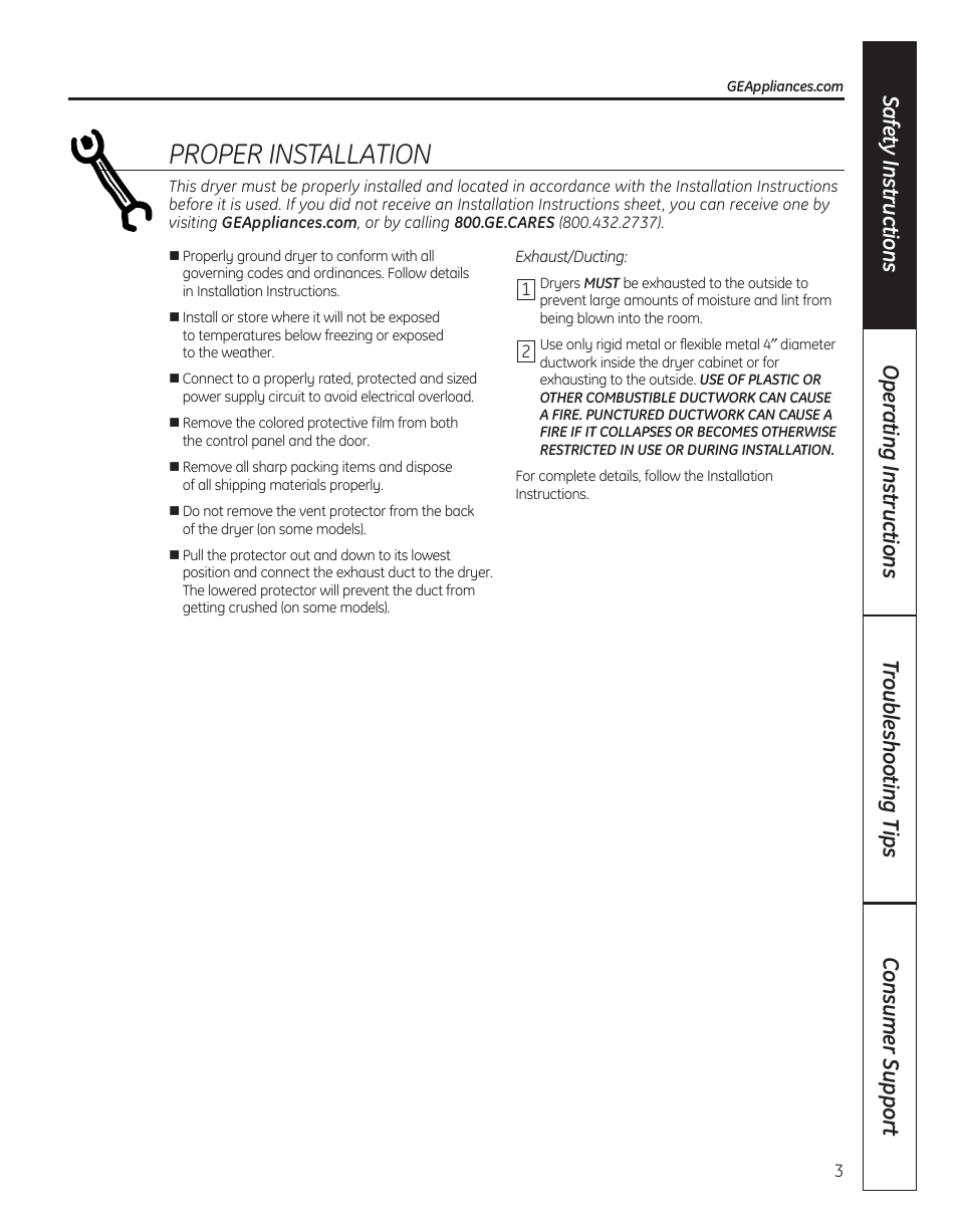 Proper installation | GE DBVH520 User Manual | Page 3 / 56