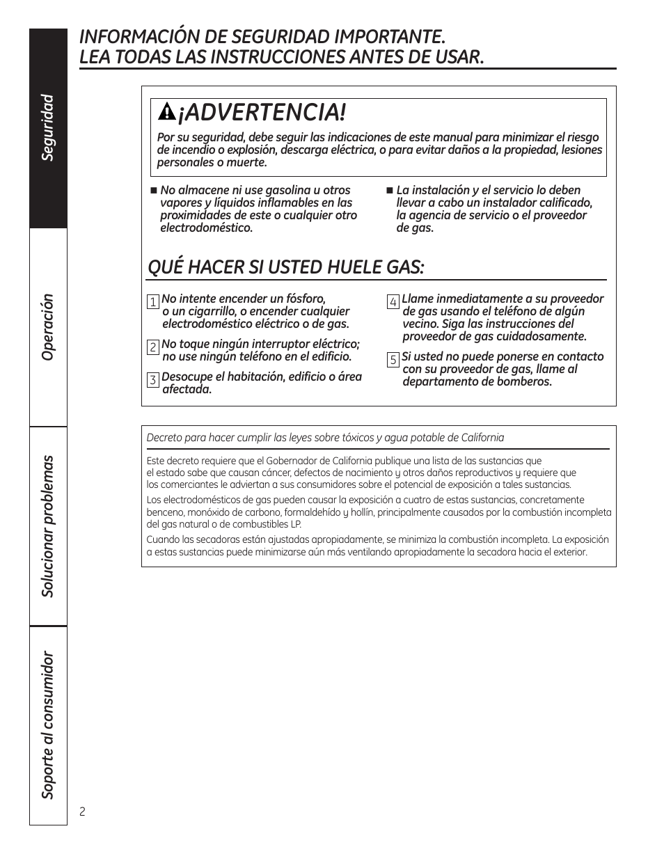 Instrucciones, De seguridad, Advertencia | Qué hacer si usted huele gas | GE DBVH520 User Manual | Page 30 / 56