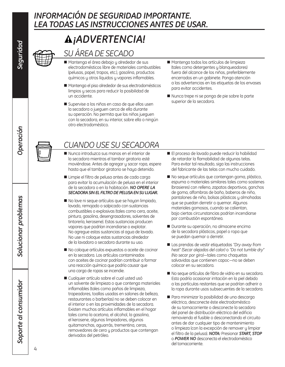 Advertencia, Suáreadesecado, Cuandousesusecadora | GE DBVH520 User Manual | Page 32 / 56