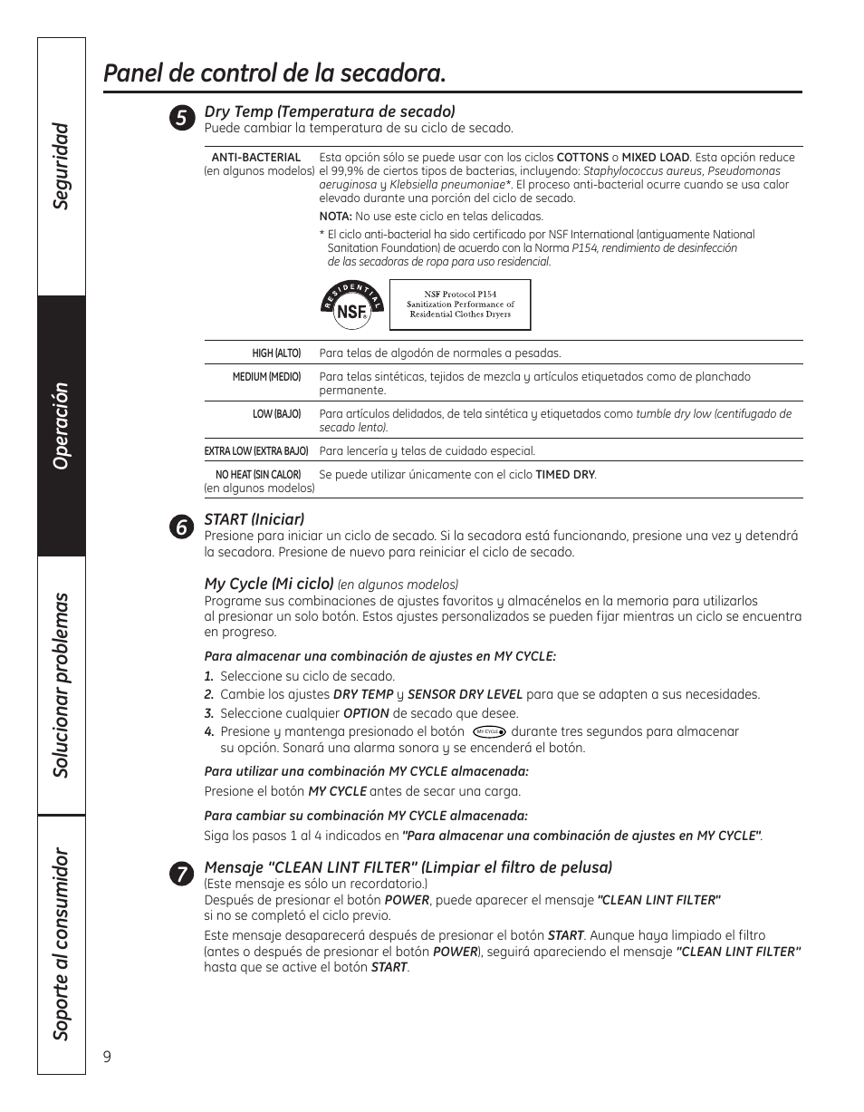 Panel de control de la secadora | GE DBVH520 User Manual | Page 37 / 56